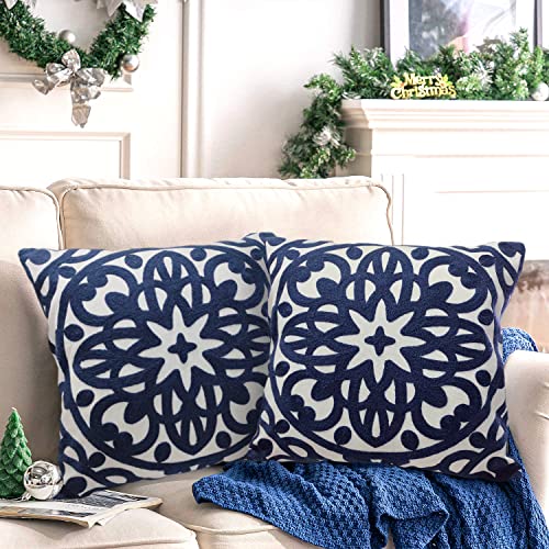 Alysheer Embroidered Decorative Throw Pillow Covers 18"X18" Set Of 2 Pieces, Classic Boho Mandala Knit Pattern, Durable 100% Cotton Canvas Cozy Cushion Cases For Sofa Couch Living Room (Navy Blue) #TOP6