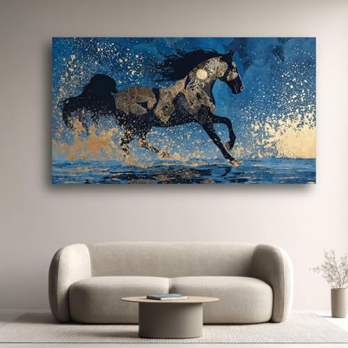 Art abstrait équestre doré et tableau majestueux cheval noir