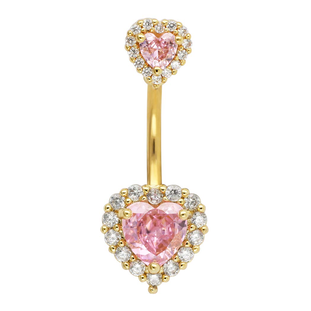 Excepro 14G(1.6mm) Double Heart Cubic Zirconia Navel Belly Button Ring 316L Stainless Steel Bar Piercing Jewelry