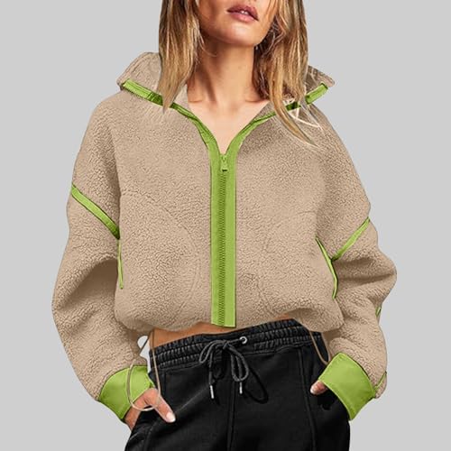 Womens Long Sleeve Jackets Coats for Women Fleece Lined Sherpa Color Block Crop Pleated Warm Fuzzy Fall Winter 20252