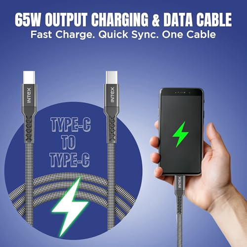 Image of Intex Speed Max 65W Fast Charging Braided Type C to Type C Cable, 480Mbps, Trangle Free, Data Sync Cable Compatible For Laptop, BT Speaker, Mobile, Tablet, TWS & Other Type C Devices- Black