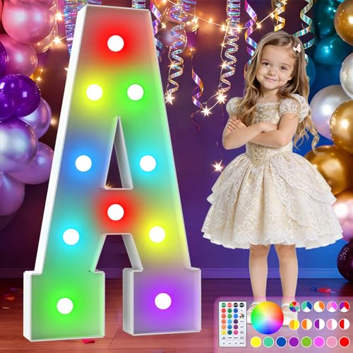 Image of 3FT Colorful Marquee Letters,18-Color Letter A with Remote Control Large Light Up Numbers Sign,Pre-Cut Foam Board Set for Party Decoration, Birthdays, Weddings, Graduations, Baby Anniversaries