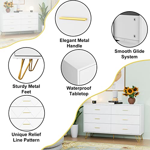 CARPETNAL White Dresser, Modern Dresser for Bedroom, 6 Drawer Double Dresser with Wide Drawers and Metal Handles, Wood Dressers & Chest of Drawers for Hallway, Entryway., (0015) - Thumbnail 5