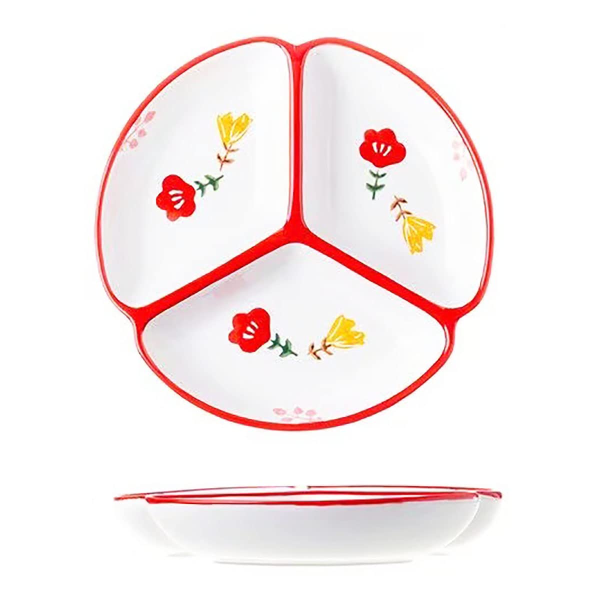 1 x Keramikteller für Portionskontrolle, geteilter Teller, Dessertteller, Salatteller, Speiseteller, 20,3 cm, rote Blume