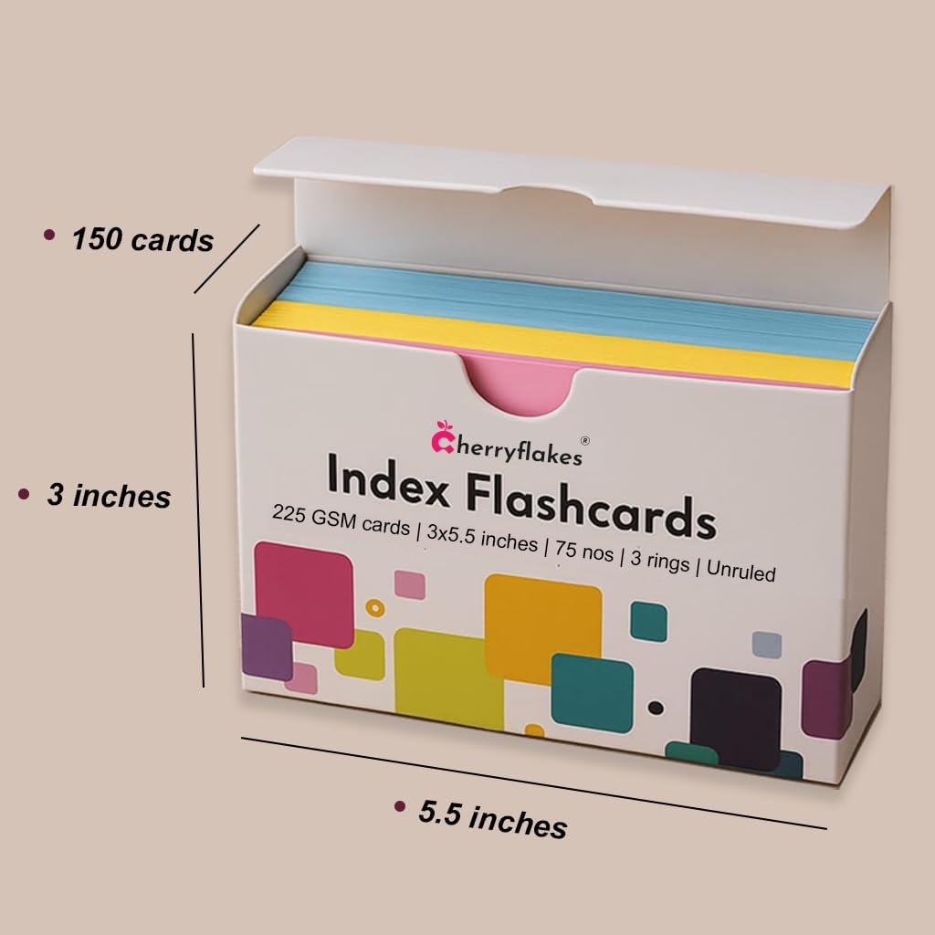 Cherryflakes Coloured Index Flash Cards Tray - 3 Colours - 3x5.5 inch - 75 Cards - 225 GSM Thick (Unruled)