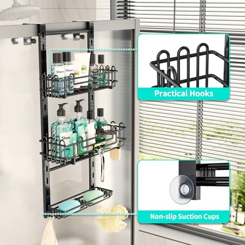 HapiRm 3 Tier Over the Door Shower Caddy, Hanging Shower Caddy with 16 Hooks and 2 Soap Holders, No Drilling Adjustable Hanging Bathroom Organizer - Black by HapiRm - Used condition - Image 3