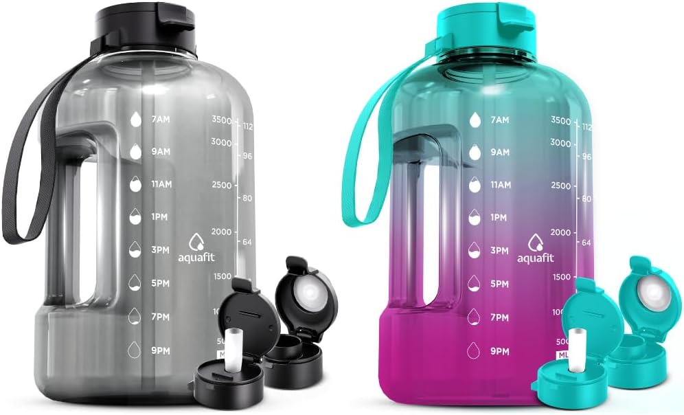 AQUAFIT 2 Pack - 2 x 1 Gallon Water Bottle With Time Marker - Big Water Bottle With Straw - BPA Free Gym Water Bottle With Handle - Gallon Water Jug