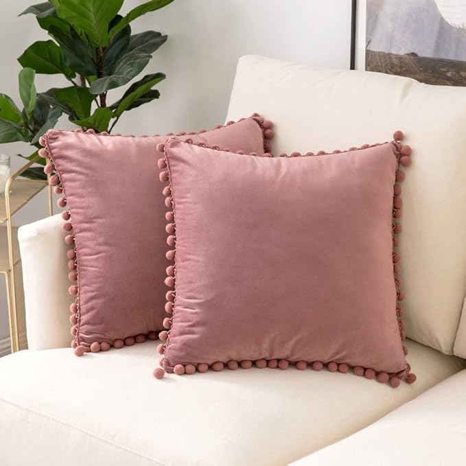 Amazon Brand - Umi Velvet Pompom Cushion Cover 18X18 Inch - Set Of 2 Large Square Throw Pillow Covers 150 TC For Sofa Living Room Or Home Decor In Blush Color-image-2