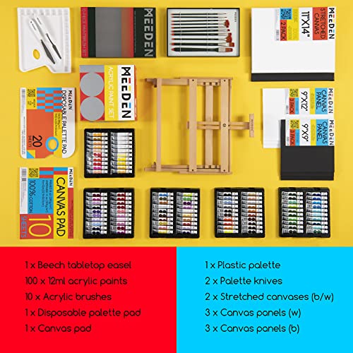 Image of MEEDEN Acrylic Paint Set, 100 Colors Acrylic Paint Tubes, 125-Piece Acrylic Painting Kits with Wood Table Top Easel, Art Supplies for Kids Adults Beginner