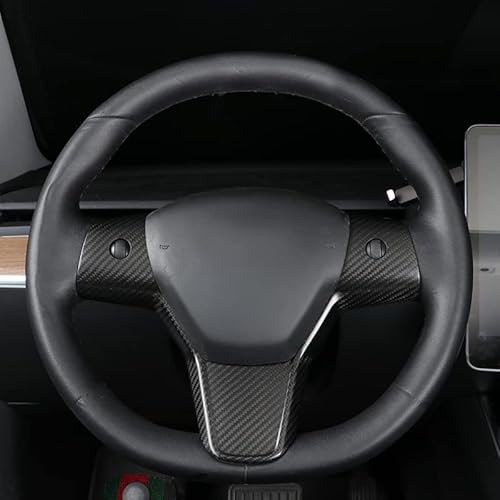 Jswan Carbon Fiber Steering Wheel Cover For Tesla Model 3 Model Y Interior Wrap Steering Wheel Trim Cover Frame Decorative Sticker Interior Accessories Parts (Matte Black) #TOP7