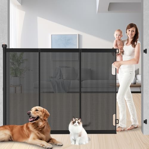 Extra Tall Retractable Baby Gates: 51 Tall Pet Gate Extend up to 120 Wide Mesh Baby Gate with Support Rods Jump-Proof Design for Cats & Large Dogs High Dog Indoor Outdoor Black