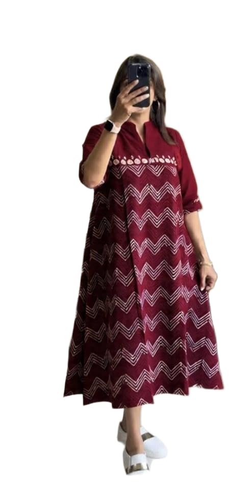 Women's Maroon Cotton Maxi Dress, Chevron Print, Three-Quarter Sleeves, Casual A-Line Style-picture-38