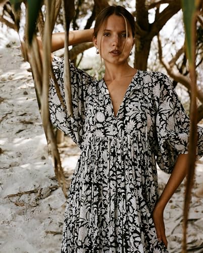 Image of Boho Dresses for Women Floral V Neck Puff SLVS Babydoll Short Beach Dress
