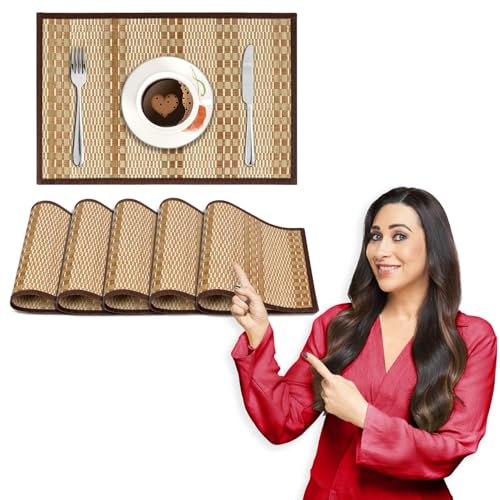 Image of HOKIPO Bamboo Table Mats for Dining Table, Set of 6 Wooden Placemats, 45x30 cm, Beige (AR2817)