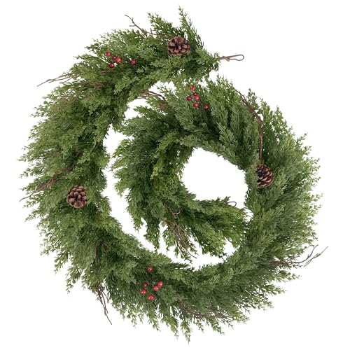 Vitalismo Christmas Garland for Fireplace Stair Table Door, Real Touch Cedar Cypress Garland with Thick Soft PE Leaves, Artificial Pine Garland Indoor Outdoor Xmas Decoration, 6ft with Berry Pinecone