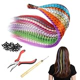 Kit Extension de Cheveux Colorés, 65 Pièces Extension Cheveux Synthétiques Plume avec 100 Perles, 1 Pince et Crochet, Accessoires Cheveuxs Fille Femmes pour Party Festival Cosplay