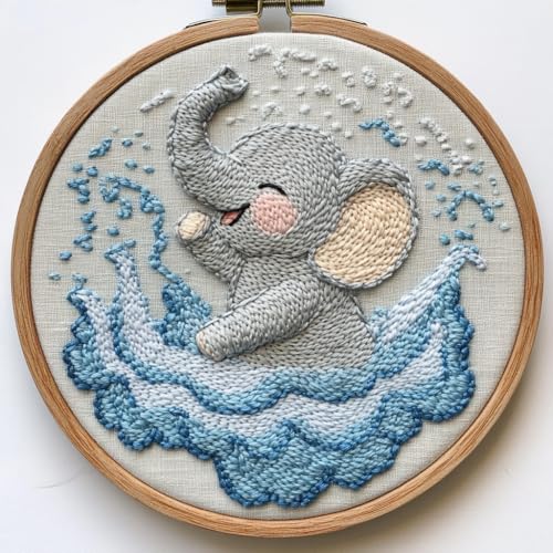 Image of Punch Needle kit for Beginners, Punch Stitching kit for Adults, Needle Punch Kits for Adults - Baby Elephant Playing in Water DIY Embroidery Set