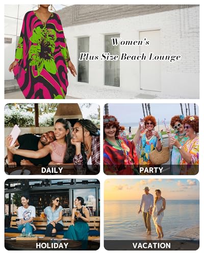 Image of Bsubseach Kaftan Dresses for Women Floral Print Plus Size Beach Cover Up | Lightweight V Neck Loose Fit Boho Dress, Batwing Sleeve Side Slit, Moo Moos for Women Home Loungwear Cruise Resort Wear
