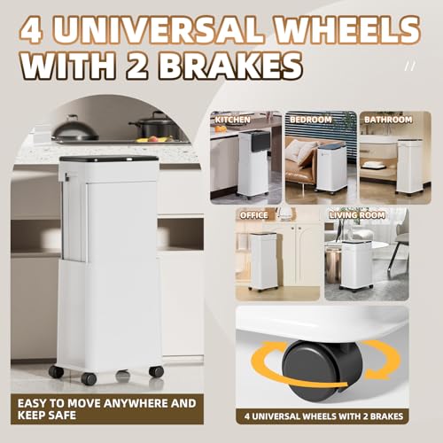 Image of Trash Can with Lid, 20L /5.3Gal Adjustable Height Kitchen Garbage Can, Trash Can on Wheels with Brakes, Plastic Tall and Slim Trash Bin for for Kitchen /Bathroom /Bedroom /Office, White