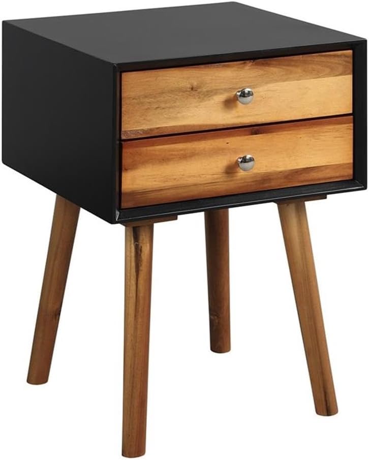 Pemberly Row Contemporary Solid Wood Nightstand, 16" L x 16" W x 23.5" H, Scratch-Resistant Black Finish, 2 Sliding Drawers, Retro Design, Compact Bedroom Storage Furniture