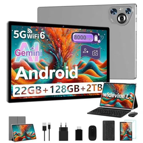 Dghrti Tablet 10 Inch Android, 22GB RAM+128GB ROM (1TB TF), Octa-Core CPU, 8000mAh, Widevine L1, Dual WiFi, BT 5.0, Face ID, 5MP+8MP, with Metal Case, Keyboard and Mouse-Grey
