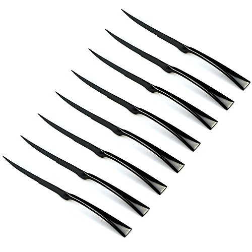 BRIIEC Mirror Polishing Black 8 Pieces 1810 Stainless Steel Serrated Steak Knife Silverware Set