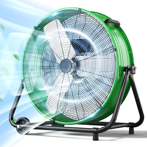 Image of LifePlus 24 Inch Industrial Drum Fan High Velocity Floor Shop Fan 3 Speed, Heavy Duty Metal Air Circulator with Adjustable Tilt & Large Wheel for Warehouse, Garage, Factory, Patio, Barn, Green