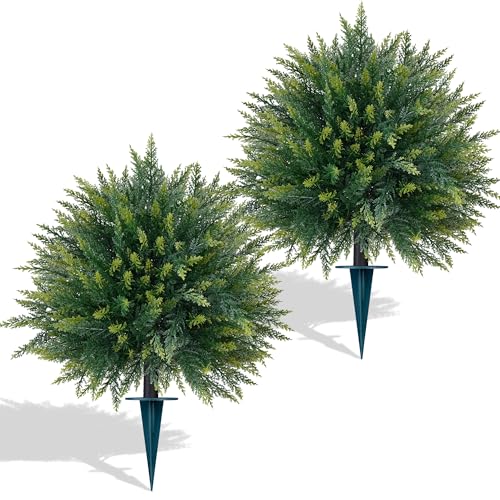Yangrass 2PCS Artificial Cedar Topiary Ball Trees 23' for Outdoors with Ground Spike, UV Resistant...