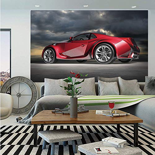 Cars Wall Mural,Modern Red Sports Car on Dramatic Sky Backdrop with Dark Cloudscape