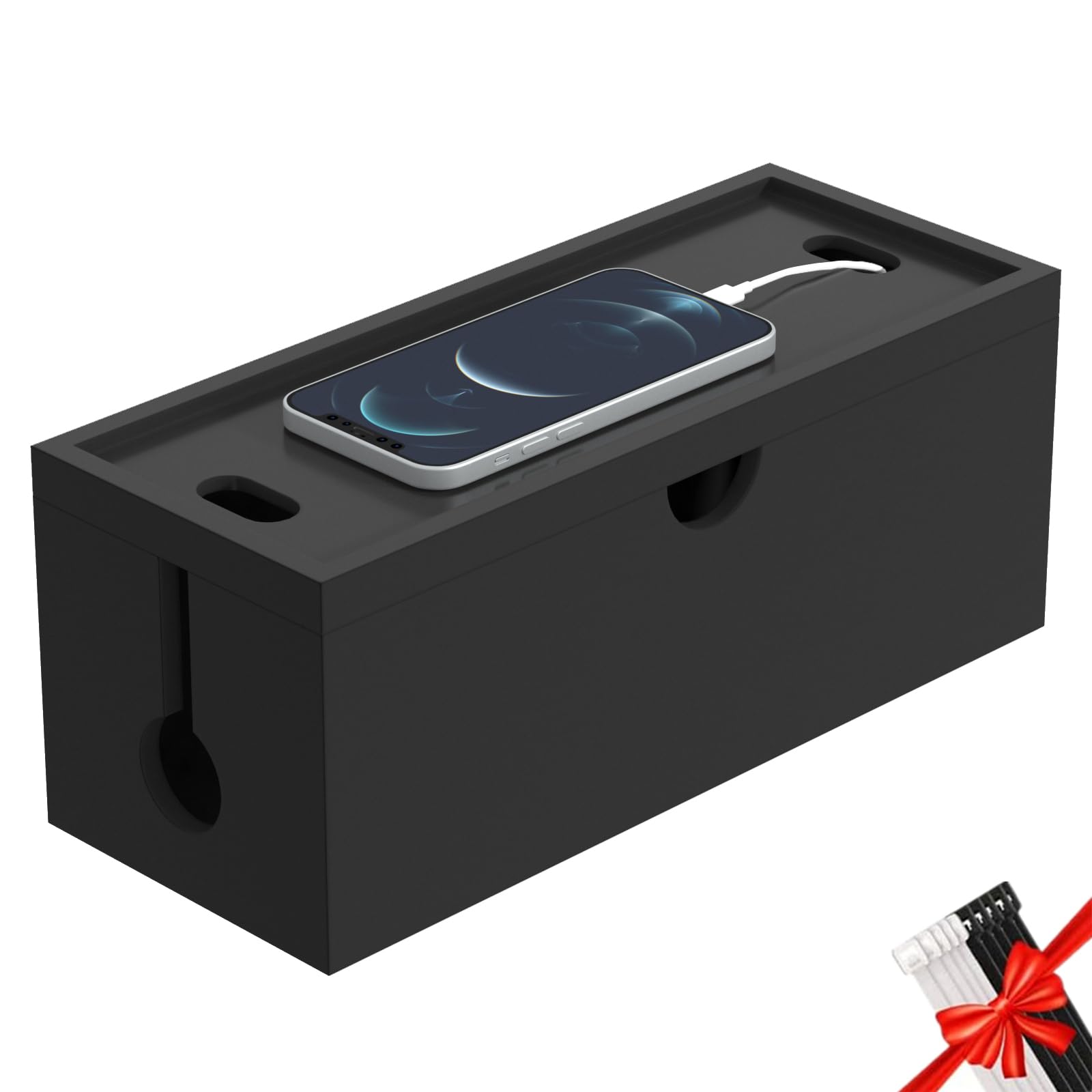 bamboo cable management box, large cord organizer box cable box to hide wires & power strips for desktop storage cord holder for office home,no assembley required (all black, 1medium)