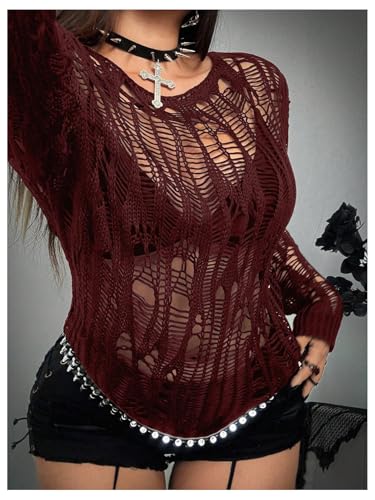 Image of RoseSeek Women's Plus Size Y2K Cut Out Long Sleeve Punk Sweater See Through Knitwear Open Knit Grunge Tops
