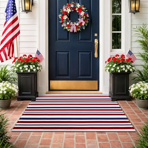 Moucuny Red Blue White Memorial Day Striped Outdoor Rug, 28'' x 43'' Patriotic Rug 250 Anniversary Front Porch USA Door Mat 4th of July Welcome Layering Rustic Doormat for Entryway Farmhouse Decor