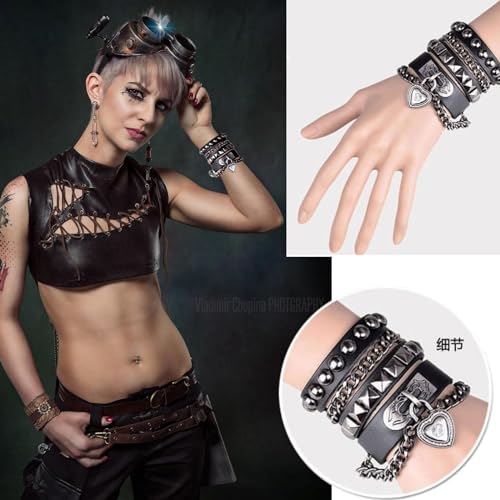 LAPOHI 6 PCS Leather Bracelets for Men Women Punk Goth Rock Spiked 80s Stuff Cool Metal Studded Accessories Black Cuff Wristband for Party Cosplay Night Club Sexy Gift Halloween4