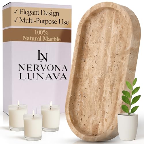 LUNAVA Travertine Tray for Bathroom Counter – Marble Tray for Kitchen Counter, Hand-Polished Natural Stone Caddy for Vanity, Sink, or Dresser, 9.8"x4.7"in, Beige