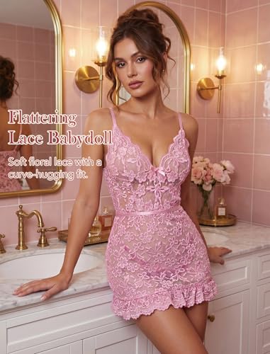 Image of Girece Sexy Lingerie for Women Babydoll Lingerie Dress Lace Chemise Nightgown with Adjustable Straps, Ruffle Hem G String