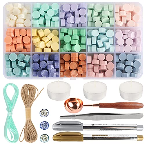 Sealing Wax Beads Kit, Sealing Wax Kit with 375 Pieces Sealing Wax Beads(15 Colors), Candles, Metal Pens, Wax Spoon, Tweezers, Coloured Ribbons, Wax Seal Kit for Gift, Sealing Envelopes and Crafts