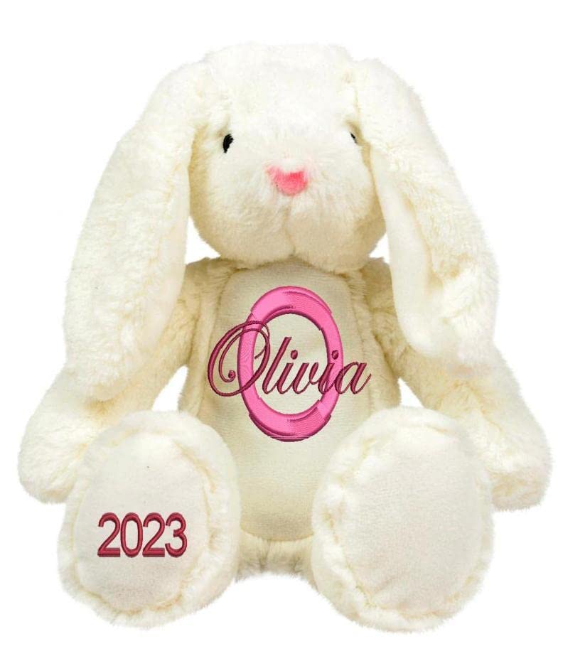 Personalised Teddy Bear and Animal Soft Plush Toys with Name & Initial, Customisable New Baby Gift, Baby Boy, Baby Girl, Baby Shower Gift, Birthday Gift, Christening Gift (White Bunny Rabbit)