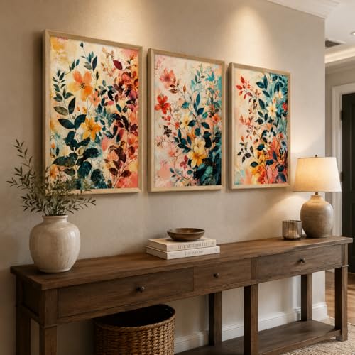 Image of Livin'luxe Set of 3 Abstract Floral Wall Paintings for Living Room Bedroom Hallway Home Decor with Premium Wooden Color Synthetic Frame (25.5 x 19.5 Inch) NM03-60