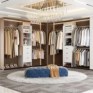 96 Closet Organizer System with 3 Hanging Rods Without 3 Storage Shelves 8FT Closet Systems Wall Mount Bedroom Wardrobe with 3 Wood Drawers Adjustable Garment Rack from 5 to 8FT White