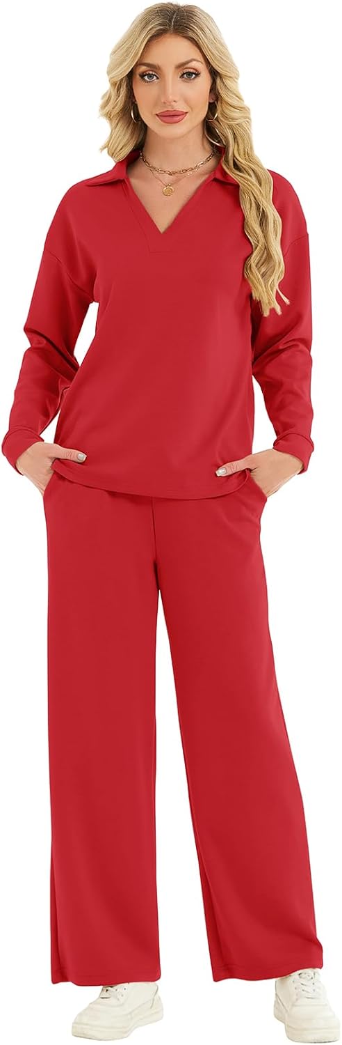 YOKGO Two Piece Sets for Women Casual Fall Lounge Sets Long Sleeve V-Neck Tops Wide Leg Pants Vacation Travel Outfits - Image 4