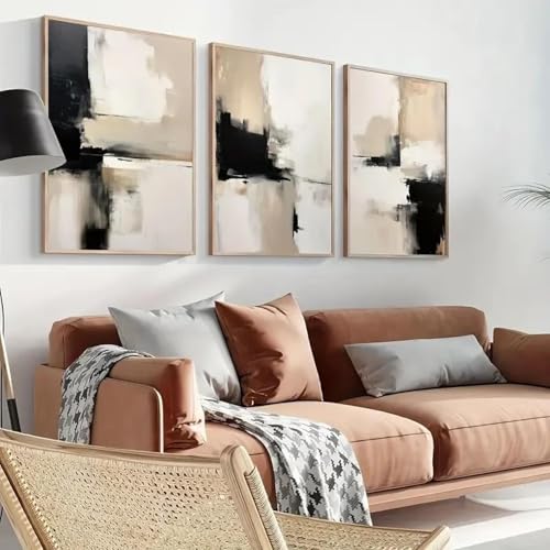 Juego de 3 pinturas abstractas contemporáneas, póster minimalista negro y beige, impresión en lienzo, decoración moderna para el hogar y la sala de estar, 50 x 70 cm, sin marco
