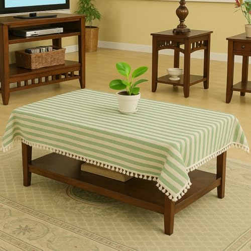 Image of Cotton Stripes Sofa Table Cover with lace 40 x 60 Inch Green