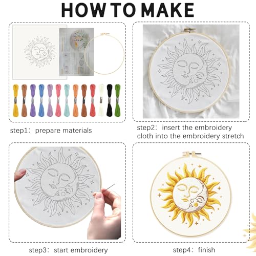 Image of INFUNLY 4pcs Evil Eyes Embroidery Starter Kit for Beginners Moth Cross Stitch Kits for Adults Sun and Moon Stars Snake Stamped Stitches Embroidery Sewing Kit with Patterns Instructions for DIY