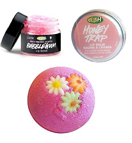 Lush Beauty Set with All Fresh & Natural Ingredients : Lush Bubblegum Lip Scrub , Lush Honey Trap Lip Balm & Lush Mini Pink Bath Bomb