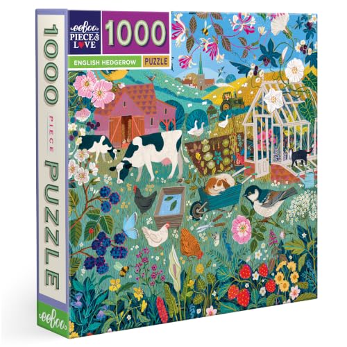 Image of eeBoo 1000 Piece Puzzle - English Cottage Hedgerows Jigsaw Puzzle for Adults, Square 23 inch x 23 inch Made with Recycled Board & Vegetable-Based Ink