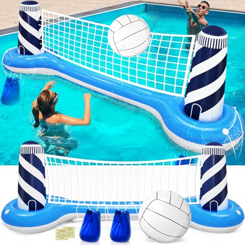 Inflatable Pool Games Volleyball Net Pool Float Set with 19' Beach Ball, Lighthouse Design – Floating Swimming Water Sports Toys for Adults, Perfect for Summer Pool Party Supply (112'X26'X35')