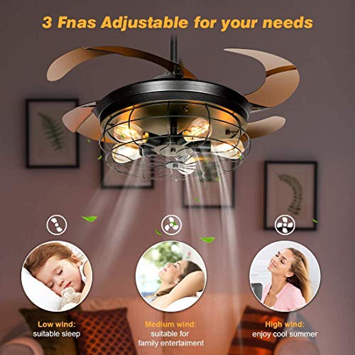 Ledmo 42Inch Big Industrial Retractable Ceiling Fans With Lights 5 Led Bulbs 4 Mode Timing With Remote Controller Vintage Caged Ceiling Fans 2 Down Rods For Kitchen Bedroom Living/Dinning Room #TOP5