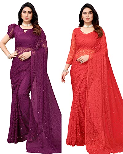 Yashika Women's Jacquard Net Standard Length Saree Purple-Abira Red, One Size