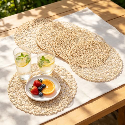 IcosaMro Beige Round Placemats Set of 6 for Dining Table, 15 Inch Paper Woven Boho Decorative Circle Place Mat for Wedding Christmas Thanksgiving Day Holiday Dinner, Beige by IcosaMro - Used condition - Image 2
