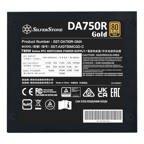Image of SilverStone Technology DA750R Gold 80 Plus Gold 750W ATX 3.0 & PCIe 5.0 Power Supply, SST-DA750R-GMA (SST-AX0750MCGD-C)